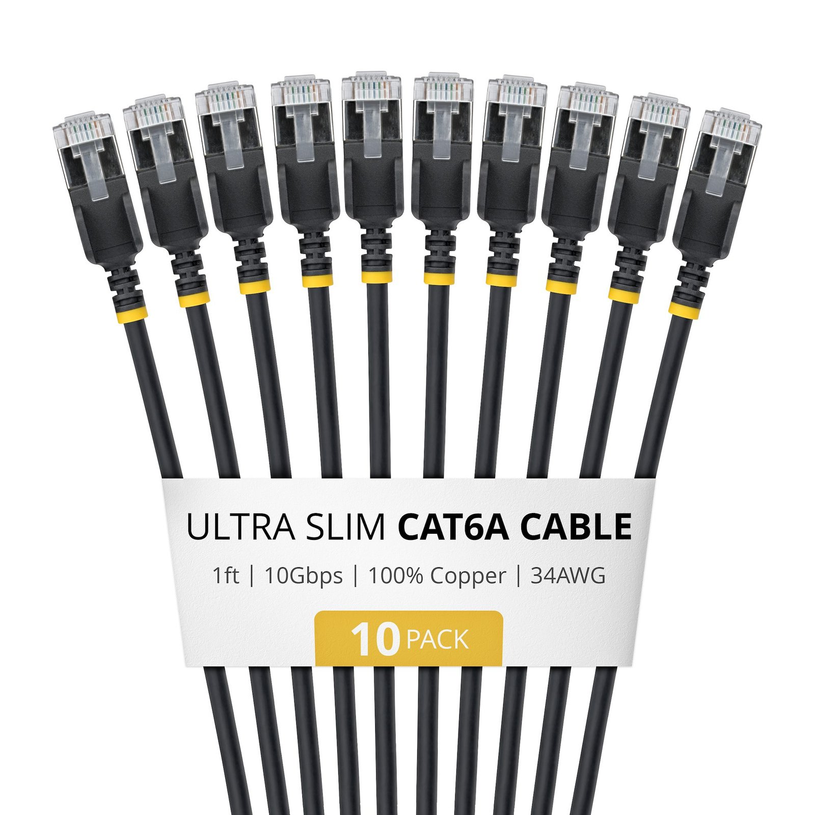 StarTech.com 1ft Black Ultra Slim Cat6A Ethernet Cable, 10 Pack, Snagless, FTP, Pure Bare Copper 6ASTP34BKS1FT10PK