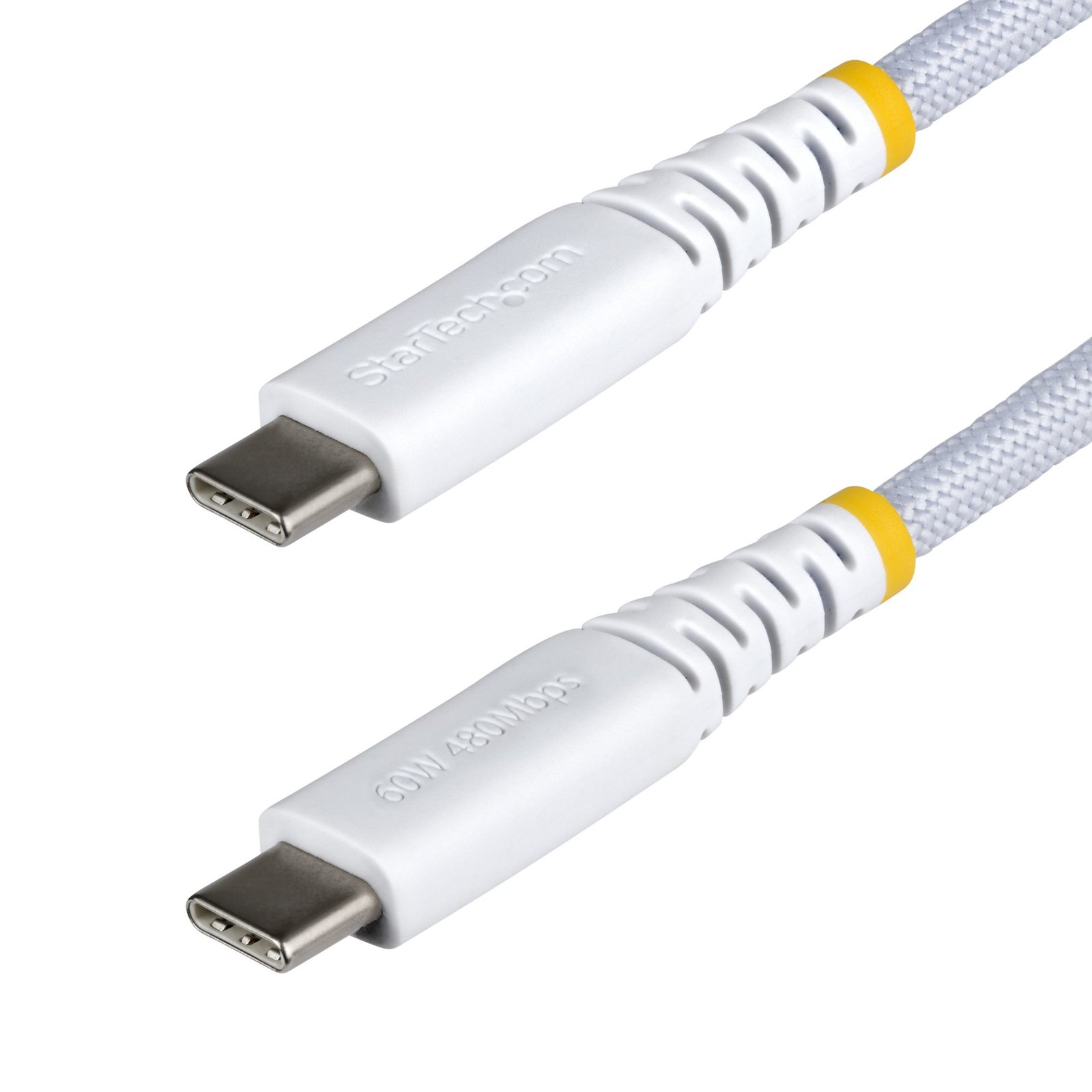 StarTech.com 3ft (91cm) White USB-C Charging Cable, 60W (3A) PD, Dual-Layer Braided Nylon/TPE STA-USB2CC3FNCBRWH