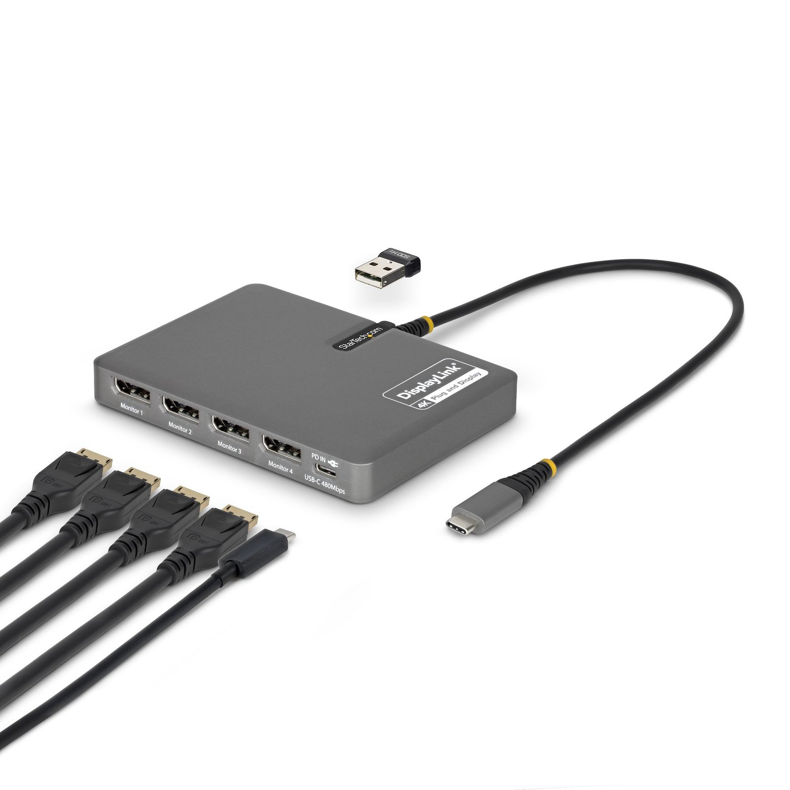 StarTech.com USB-C to Quad-Monitor Workstation Adapter, 4K 60Hz DisplayPort, 140W PD Passthrough STA-QUAD-USB-DP-ADAPT